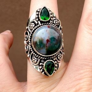 New Bloodstone and Peridot 925 Silver Statement Ring.